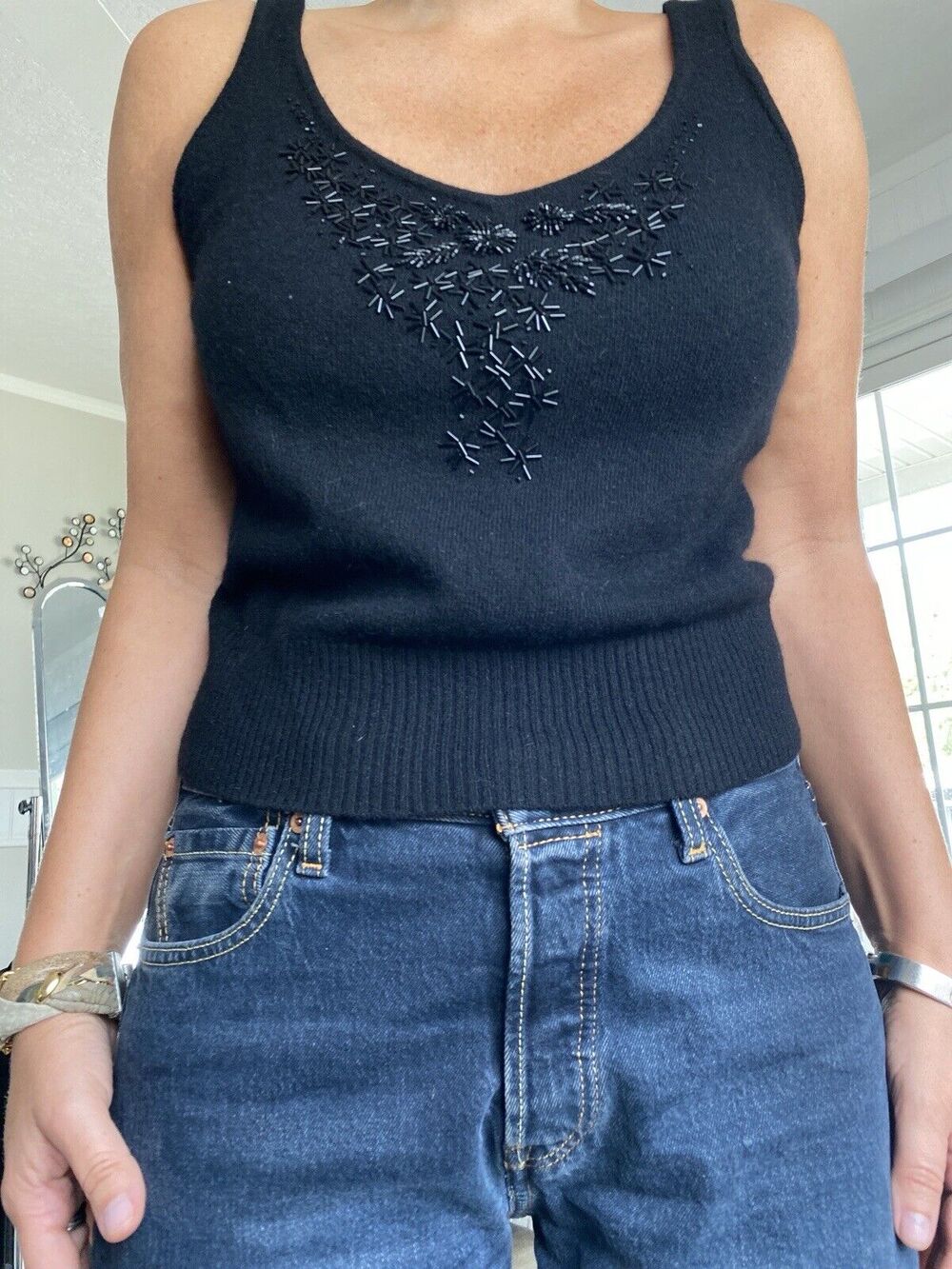 Carole Little Black Top Embroidered Lambswool Angora L